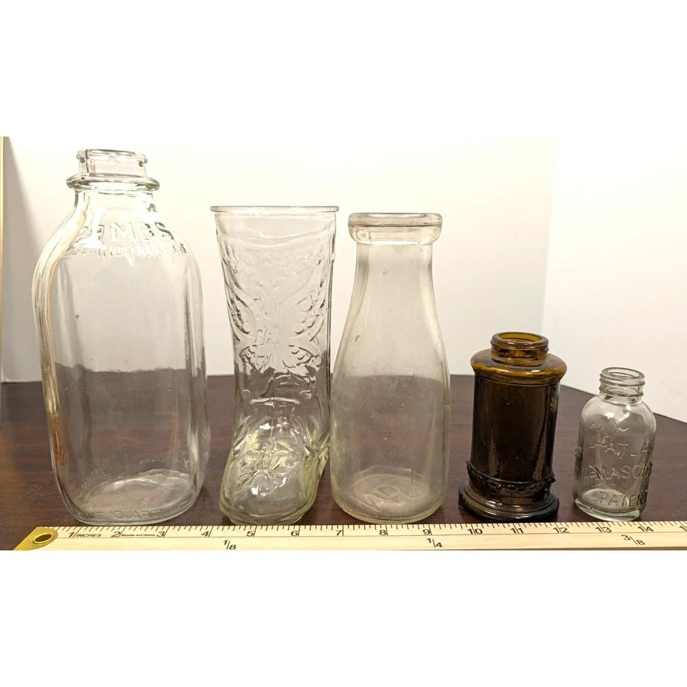Vintage Glass Bottles 5 Antique Style Embossed Milk Medicine Amber Pioneer Woman